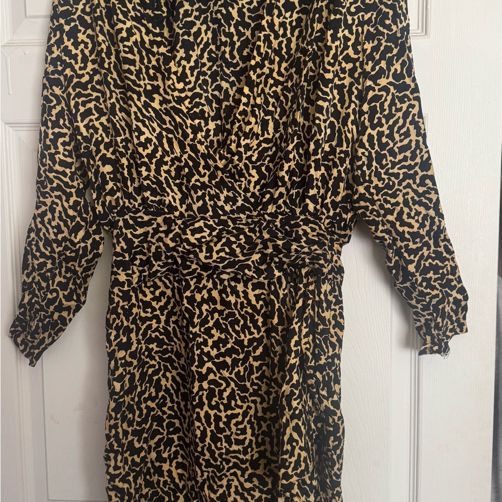 Adrianna Papell Black and Tan Leopard Print Silk Dress